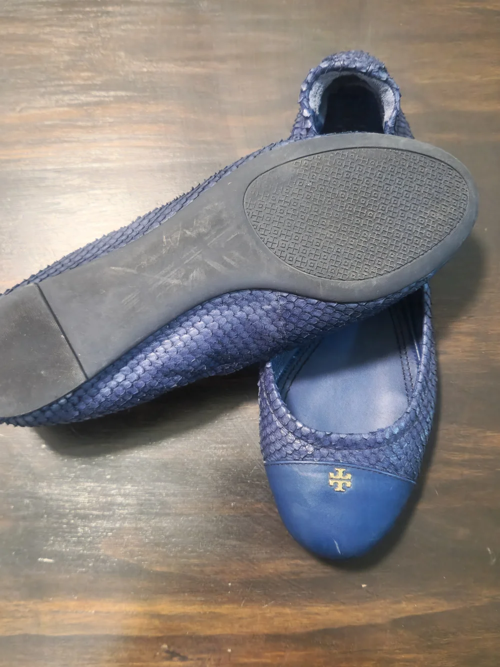 Tory Burch Blue Snake Embossed Leather Ballet Flats Gold Logo Cap Toe 9M